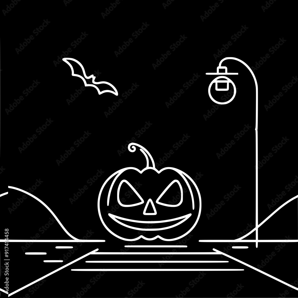 Poster simply a vector outline image of a smiling jack-o-lantern and a bat next to a lantern at night on a 