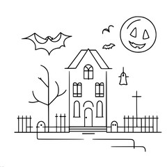 Simple vector outline image of a haunted house with bats and moon pumpkin creating a spooky atmosphere, Halloween