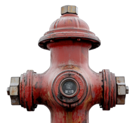 Red fire hydrant with a weathered appearance in a urban setting, cut out - stock png.