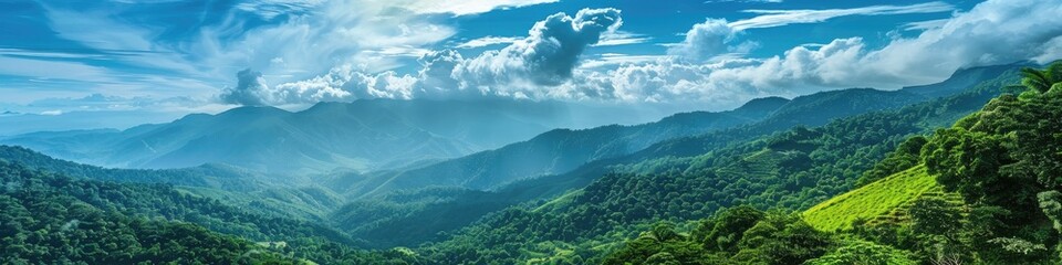 Fototapeta premium Beautiful green mountains and daytime sky with clouds over hill Gorgeous sky blue or azure view Scenic green tree forest on mountain Perfect for tourist travel and relaxation
