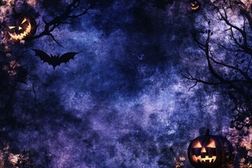 Dark Halloween Night with Glowing Pumpkins and Flying Bats Background