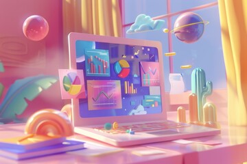 Creative Workspace with Colorful 3D Data Visualizations on Laptop, digital marketing