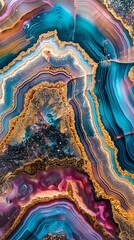 Close-up of colorful agate stone texture with vibrant lines and gold accents. Detailed and vibrant gemstone surface