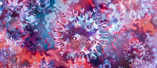 coronavirus Virus Close-Up in Vivid Colors, a highly magnified view of a coronavirus particle, emphasizing its structure with enhanced, vivid colors against a dark background design