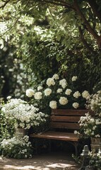 Serene Garden Bench Surrounded by White Flowers and Lush Greenery