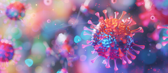 Fototapeta premium coronavirus Virus Close-Up in Vivid Colors, a highly magnified view of a coronavirus particle, emphasizing its structure with enhanced, vivid colors against a dark background design