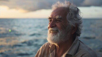 Blissful elderly man smiling by the ocean