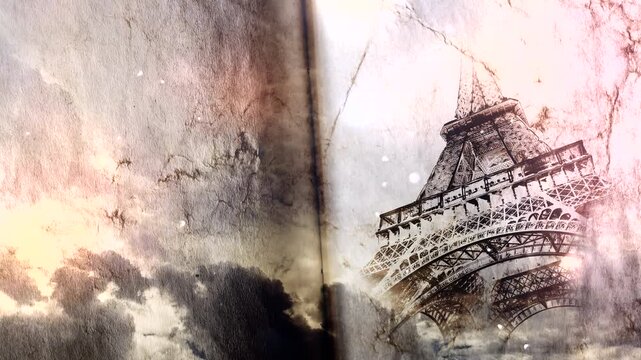 Eiffel Tower in Paris smoothly appears on old, grunge paper with time lapse of sky with clouds. Creative, combined 3D 4K parallax video of high quality. Template for a postcard or historical video.