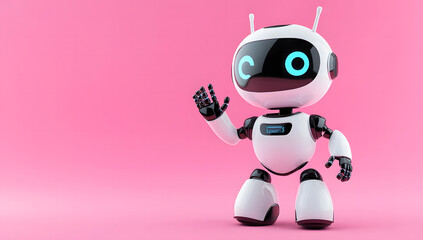 cute robot waving with one hand in shades of light blue, isolated on a solid pink background. with copy space design
