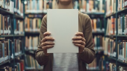 Close up blank book cover mockup being held by a person in a library