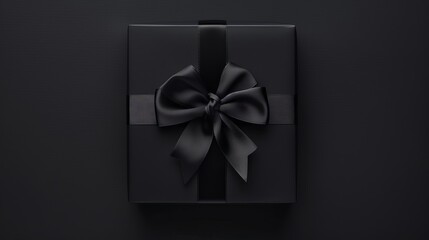 Blank black gift box product display with black ribbon bow isolated on dark background minimal black friday super sale concept