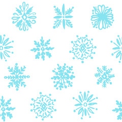 All over seamless repeat pattern with hand drawn ornate blue snowflakes as a grid on white background