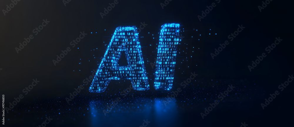Poster digital blue matrix binary code forms the letters 'ai,' symbolizing the concept of artificial intell