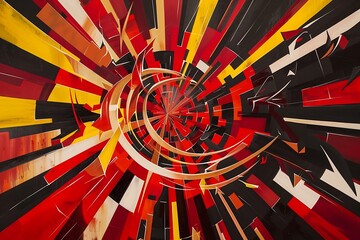 An explosive burst of geometric shards and spirals, intense reds and yellows, dynamic movement and high contrast, Constructivist style