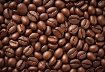Obraz premium Close-up of roasted coffee beans, with their rich brown color and textured surfaces filling the frame