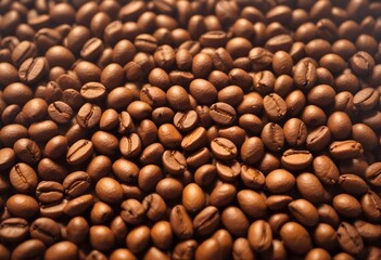 Obraz premium Close-up of roasted coffee beans, with their rich brown color and textured surfaces filling the frame
