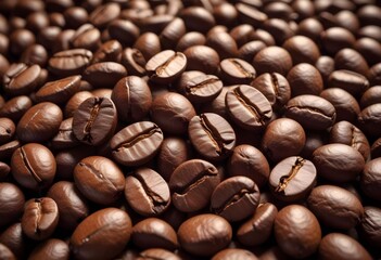 Obraz premium Close-up of roasted coffee beans, with their rich brown color and textured surfaces filling the frame