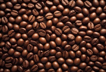 Obraz premium Close-up of roasted coffee beans, with their rich brown color and textured surfaces filling the frame