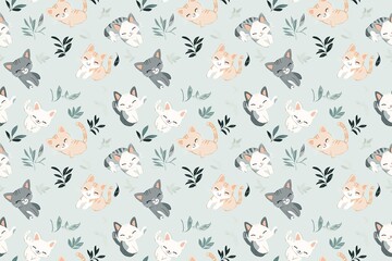 Delightful seamless pattern of playful kittens with pastel hues, perfect for charming backgrounds