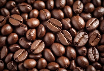 Obraz premium Close-up of roasted coffee beans, with their rich brown color and textured surfaces filling the frame