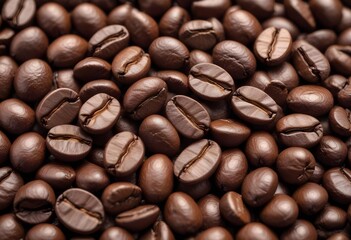 Obraz premium Close-up of roasted coffee beans, with their rich brown color and textured surfaces filling the frame