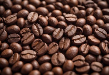 Obraz premium Close-up of roasted coffee beans, with their rich brown color and textured surfaces filling the frame