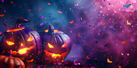 Halloween pumpkins on a beautiful pink and purple background with confetti and shiny bokeh, banner