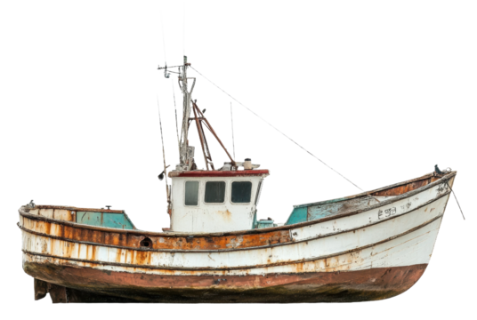 Rusty fishing boat, showcasing weathered wood and antique design elements, cut out - stock png.