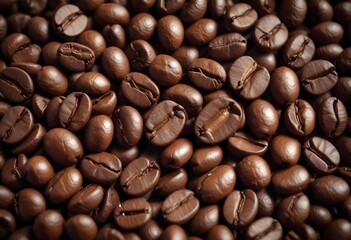 Obraz premium Close-up of roasted coffee beans, with their rich brown color and textured surfaces filling the frame
