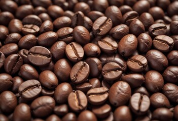 Obraz premium Close-up of roasted coffee beans, with their rich brown color and textured surfaces filling the frame