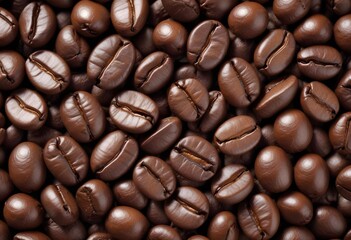 Fototapeta premium Close-up of roasted coffee beans, with their rich brown color and textured surfaces filling the frame