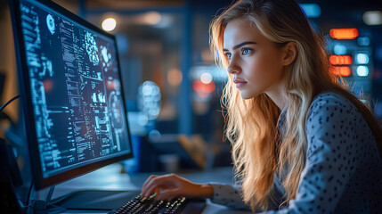 A woman IT specialist works at a monitor in the office