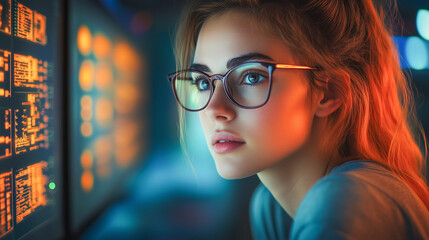 A woman IT specialist works at a monitor in the office