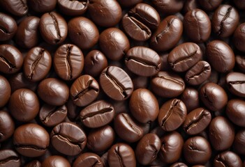 Obraz premium Close-up of roasted coffee beans, with their rich brown color and textured surfaces filling the frame