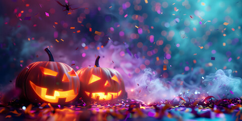 Halloween pumpkins on a beautiful pink and purple background with confetti and shiny bokeh, banner