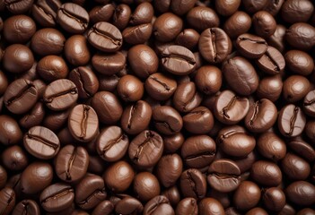 Close-up of roasted coffee beans, with their rich brown color and textured surfaces filling the frame