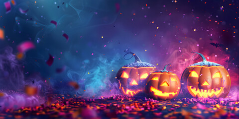 Halloween pumpkins on a beautiful pink and purple background with confetti and shiny bokeh, banner