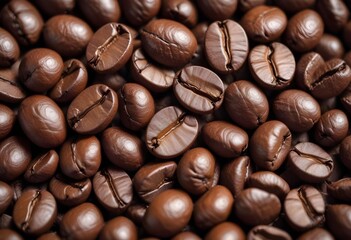 Fototapeta premium Close-up of roasted coffee beans, with their rich brown color and textured surfaces filling the frame