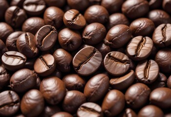 Obraz premium Close-up of roasted coffee beans, with their rich brown color and textured surfaces filling the frame
