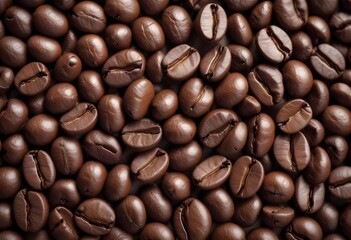 Fototapeta premium Close-up of roasted coffee beans, with their rich brown color and textured surfaces filling the frame