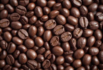 Obraz premium Close-up of roasted coffee beans, with their rich brown color and textured surfaces filling the frame