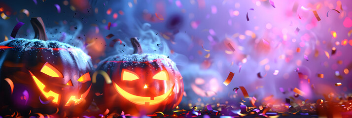 Halloween pumpkins on a beautiful pink and purple background with confetti and shiny bokeh, banner