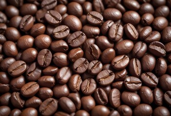 Fototapeta premium Close-up of roasted coffee beans, with their rich brown color and textured surfaces filling the frame