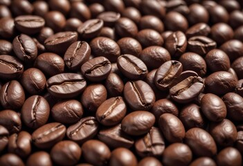 Obraz premium Close-up of roasted coffee beans, with their rich brown color and textured surfaces filling the frame