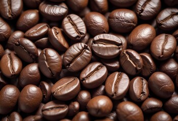 Obraz premium Close-up of roasted coffee beans, with their rich brown color and textured surfaces filling the frame