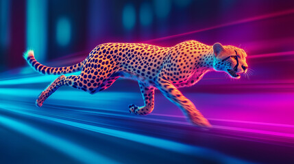 Neon Cheetah Speeding Across a Vibrant Savanna Landscape