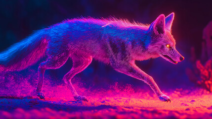 Fototapeta premium Glowing Coyote Sprinting Through a Neon Desert