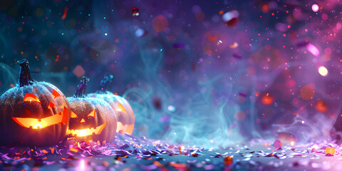 Halloween pumpkins on a beautiful pink and purple background with confetti and shiny bokeh, banner
