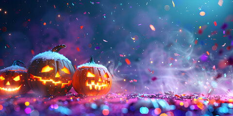 Halloween pumpkins on a beautiful pink and purple background with confetti and shiny bokeh, banner