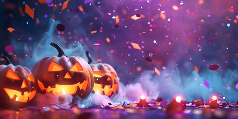 Halloween pumpkins on a beautiful pink and purple background with confetti and shiny bokeh, banner